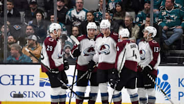 SAN JOSE, CA - MARCH 01: Nathan MacKinnon #29, Gabriel Landeskog #92, Mikko Rantanen #96, Tyson Barrie #4 and Alexander Kerfoot #13 of the Colorado Avalanche celebrate a goal against the San Jose Sharks at SAP Center on March 1, 2019 in San Jose, California (Photo by Brandon Magnus/NHLI via Getty Images)