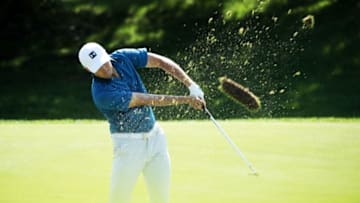 JERSEY CITY, NEW JERSEY - AUGUST 09: Jordan Spieth of the United States plays his second shot on the fifth hole during the second round of The Northern Trust at Liberty National Golf Club on August 09, 2019 in Jersey City, New Jersey. (Photo by Cliff Hawkins/Getty Images)