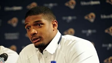 May 13, 2014; St. Louis, MO, USA; St. Louis Rams seventh round pick defensive end Michael Sam talks with the media during a press conference at Rams Park. Mandatory Credit: Jeff Curry-USA TODAY Sports