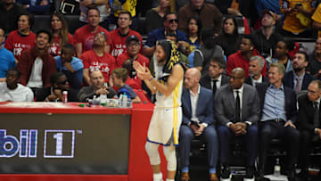 LOS ANGELES, CA - APRIL 21: Stephen Curry #30 of the Golden State Warriors celebrates during Game Four of Round One of the 2019 NBA Playoffs on April 21, 2019 at STAPLES Center in Los Angeles, California. NOTE TO USER: User expressly acknowledges and agrees that, by downloading and/or using this Photograph, user is consenting to the terms and conditions of the Getty Images License Agreement. Mandatory Copyright Notice: Copyright 2019 NBAE (Photo by Adam Pantozzi/NBAE via Getty Images)