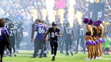 Sep 28, 2014; Baltimore, MD, USA; Baltimore Ravens wide receiver Steve Smith, Sr. (89) runs onto the field during introductions prior to the game against the Carolina Panthers at M&T Bank Stadium. Mandatory Credit: Evan Habeeb-USA TODAY Sports