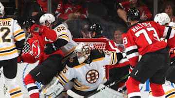 NEWARK, NEW JERSEY - SEPTEMBER 16: Kyle Keyser #85 of the Boston Bruins searches for the puck during the first period against the New Jersey Devils in preseason action at the Prudential Center on September 16, 2019 in Newark, New Jersey. (Photo by Bruce Bennett/Getty Images)