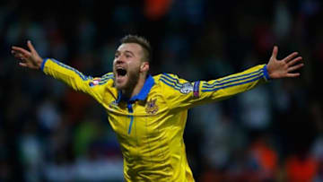 MARIBOR, SLOVENIA - NOVEMBER 17: Andriy Yarmolenko of Ukraine celebrates his goal and qualification during the UEFA EURO 2016 qualifier play-off second leg match between Slovenia and Ukraine at Ljudski Vrt Stadium on November 17, 2015 in Maribor, Slovenia. (Photo by Laurence Griffiths/Getty Images)