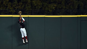 Nov 2, 2016; Cleveland, OH, USA; Cleveland Indians center fielder Rajai Davis (20) cannot catch a home run hit by Chicago Cubs catcher David Ross (not pictured) in the 6th inning in game seven of the 2016 World Series at Progressive Field. Mandatory Credit: Ken Blaze-USA TODAY Sports