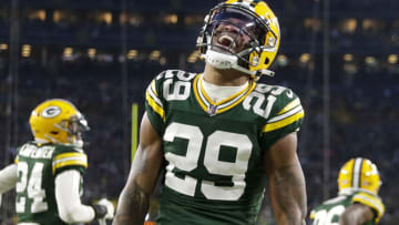 Jan 1, 2023; Green Bay, Wisconsin, USA; Green Bay Packers cornerback Rasul Douglas (29) celebrates a defensive stop against the Minnesota Vikings during their football game at Lambeau Field. Mandatory Credit: Wm. Glasheen-USA TODAY Sports