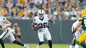 Aug 18, 2016; Green Bay, WI, USA; Oakland Raiders running back Latavius Murray (28) during the game against the Green Bay Packers at Lambeau Field. Green Bay won 20-12. Mandatory Credit: Jeff Hanisch-USA TODAY Sports