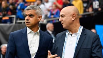 Oct 6, 2019; London, United Kingdom; Mayor of London Sadiq Khan (l) speaks with Daniel Levy CEO of Tottenham Hotspurs before an NFL International Series game between the Oakland Raiders and Chicago Bears at Tottenham Hotspur Stadium. Mandatory Credit: Steven Flynn-USA TODAY Sports