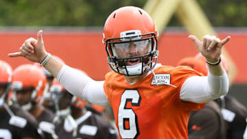 BEREA, OH - MAY 30, 2018: Quarterback Baker Mayfield #6 of the Cleveland Browns takes part in a drill during an OTA practice on May 30, 2018 at the Cleveland Browns training facility in Berea, Ohio. (Photo by: 2018 Diamond Images/Getty Images)