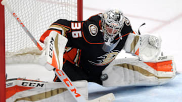 ANAHEIM, CA - APRIL 12: Anaheim Ducks goalie John Gibson (36) gets ready to catch the puck during the first period of a Stanley Cup playoffs first round game 1 against the San Jose Sharks played on April 12, 2018 at the Honda Center in Anaheim, CA. (Photo by John Cordes/Icon Sportswire via Getty Images)