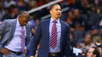 Mar 4, 2014; Phoenix, AZ, USA; Los Angeles Clippers assistant coach Tyronn Lue (right) and head coach Doc Rivers against the Phoenix Suns at the US Airways Center. Mandatory Credit: Mark J. Rebilas-USA TODAY Sports