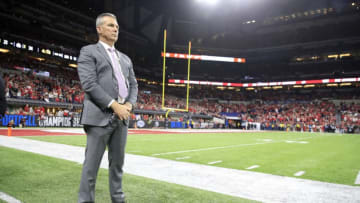 INDIANAPOLIS, INDIANA - DECEMBER 07: Urban Meyer watches the action during the BIG Ten Football Championship at Lucas Oil Stadium on December 07, 2019 in Indianapolis, Indiana. (Photo by Andy Lyons/Getty Images)