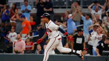 ATLANTA, GA - MAY 29: Johan Camargo #17 of the Atlanta Braves reacts after hitting a walk-off homer in the ninth inning of a 7-6 win over the New York Mets at SunTrust Park on May 29, 2018 in Atlanta, Georgia. (Photo by Kevin C. Cox/Getty Images)
