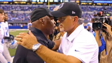 Sep 11, 2016; Indianapolis, IN, USA; Detroit Lions head coach Jim Caldwell, left, hugs Indianapolis Colts head coach Chuck Pagano, right, after their game at Lucas Oil Stadium. The Lions won 39-35. Mandatory Credit: Aaron Doster-USA TODAY Sports