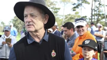 Feb 11, 2016; Pebble Beach, CA, USA; Actor Bill Murray signs autographs after finishing on the 18th hole during the first round of the AT&T Pebble Beach National Pro-Am at Spyglass Hill Golf Course. Mandatory Credit: Brian Spurlock-USA TODAY Sports