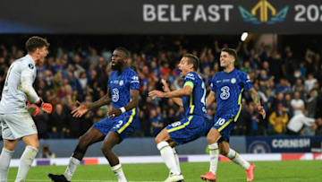 Chelsea's Spanish goalkeeper Kepa Arrizabalaga (L), Chelsea's German defender Antonio Rudiger (2L), Chelsea's Spanish defender Cesar Azpilicueta (2R) and Chelsea's US midfielder Christian Pulisic (R) celebrate winning the UEFA Super Cup football match between Chelsea and Villarreal at Windsor Park in Belfast on August 11, 2021. (Photo by Paul ELLIS / AFP) (Photo by PAUL ELLIS/AFP via Getty Images)