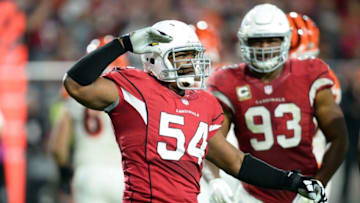 Nov 22, 2015; Glendale, AZ, USA; Arizona Cardinals linebacker Dwight Freeney (54) celebrates a sack against Cincinnati Bengals quarterback Andy Dalton (not pictured) at University of Phoenix Stadium. Mandatory Credit: Joe Camporeale-USA TODAY Sports