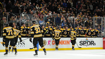 BOSTON, MA - OCTOBER 22: Brad Marchand #63 of the Boston Bruins celebrates his goal against the Toronto Maple Leafs at the TD Garden on October 22, 2019 in Boston, Massachusetts. (Photo by Steve Babineau/NHLI via Getty Images)