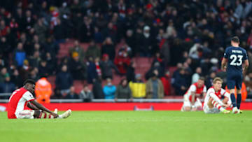 LONDON, ENGLAND - JANUARY 23: Bukayo Saka of Arsenal reacts at full time during the Premier League match between Arsenal and Burnley at Emirates Stadium on January 23, 2022 in London, England. (Photo by Chloe Knott - Danehouse/Getty Images)