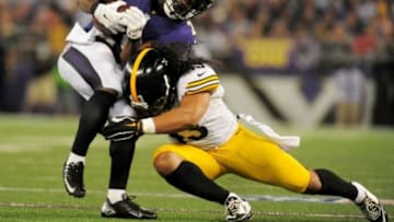 Sep 11, 2014; Baltimore, MD, USA; Baltimore Ravens running back Justin Forsett (29) is tackled by Pittsburgh Steelers safety Troy Polamalu (43) in the second quarter at M&T Bank Stadium. Mandatory Credit: Evan Habeeb-USA TODAY Sports