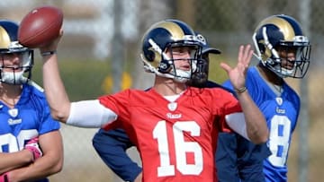 May 6, 2016; Oxnard, CA, USA; Los Angeles Rams quarterback Jared Goff (16) during rookie minicamp at River Ridge Fields. Mandatory Credit: Jayne Kamin-Oncea-USA TODAY Sports
