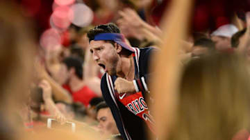 TUCSON, AZ - OCTOBER 28: Arizona Wildcats fan cheers during the game between the Washington State Cougars and Washington State Cougars at Arizona Stadium on October 28, 2017 in Tucson, Arizona. The Arizona Wildcats won 58-37. (Photo by Jennifer Stewart/Getty Images)