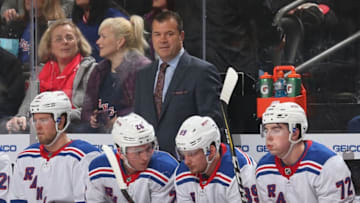 NEWARK, NJ - APRIL 03: Head Coach Alain Vigneault of the New York Rangers looks on during the game against the New Jersey Devils at Prudential Center on April 3, 2018 in Newark, New Jersey. (Photo by Andy Marlin/NHLI via Getty Images)