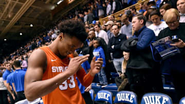 DURHAM, NORTH CAROLINA - JANUARY 14: Elijah Hughes #33 of the Syracuse Orange celebrates as leaves the floor after their win against the Duke Blue Devils at Cameron Indoor Stadium on January 14, 2019 in Durham, North Carolina. Syracuse won 95-91 in overtime. (Photo by Grant Halverson/Getty Images)