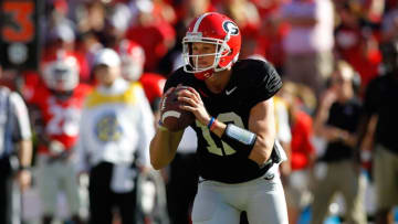 Apr 16, 2016; Athens, GA, USA; Georgia Bulldogs quarterback Brice Ramsey (12) looks for a receiver during the second half of the spring game at Sanford Stadium. The Black team defeated the Red team 34-14. Mandatory Credit: Brett Davis-USA TODAY Sports