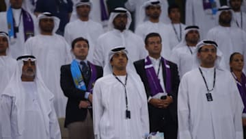 AL AIN, UNITED ARAB EMIRATES - MAY 15:Manchester City owner Sheikh Mansour bin Zayed Al Nahyan (C) are pictured during the friendly match between Al Ain and Manchester at Hazza bin Zayed Stadium on May 15, 2014 in Al Ain, United Arab Emirates. (Photo by Francois Nel/Getty Images)