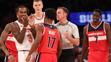 Oct 10, 2016; New York, NY, USA; New York Knicks guard Brandon Jennings (3) and Washington Wizards guard Casper Ware (17) exchanges words during the third quarter at Madison Square Garden. The Knicks won 90-88. Mandatory Credit: Anthony Gruppuso-USA TODAY Sports