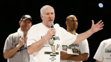 Jun 18, 2014; San Antonio, TX, USA; San Antonio Spurs head coach Gregg Popovich speaks to the crowd during NBA championship celebrations at Alamodome. Mandatory Credit: Soobum Im-USA TODAY Sports