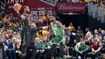 CLEVELAND, OH - MAY 19: Jaylen Brown #7 of the Boston Celtics defends LeBron James #23 of the Cleveland Cavaliers in Game Three of the Eastern Conference Finals during the 2018 NBA Playoffs on May 19, 2018 at Quicken Loans Arena in Cleveland, Ohio. NOTE TO USER: User expressly acknowledges and agrees that, by downloading and/or using this photograph, user is consenting to the terms and conditions of the Getty Images License Agreement. Mandatory Copyright Notice: Copyright 2018 NBAE (Photo by David Liam Kyle/NBAE via Getty Images)