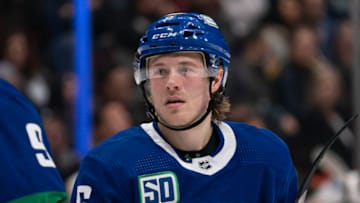 VANCOUVER, BC - FEBRUARY 08: Brock Boeser #6 of the Vancouver Canucks in NHL action against the Calgary Flames at Rogers Arena on February 8, 2020 in Vancouver, Canada. (Photo by Rich Lam/Getty Images)