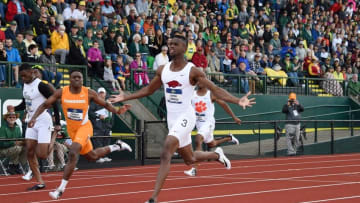 Jun 10, 2016; Eugene, OR, USA; Jarrion Lawson of Arkansas celebrates after defeating Christian Coleman of Tennessee to win the 200m in 20.19 during the 2016 NCAA Track and Field championships at Hayward Field. Mandatory Credit: Kirby Lee-USA TODAY Sports