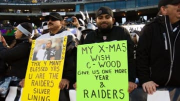 Dec 24, 2015; Oakland, CA, USA; Oakland Raiders fans hold signs for free safety Charles Woodson (not pictured) before the game against the San Diego Chargers at O.co Coliseum. Mandatory Credit: Kelley L Cox-USA TODAY Sports