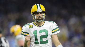 DETROIT, MI - DECEMBER 29: Aaron Rodgers #12 of the Green Bay Packers celebrates his touchdown pass to Davante Adams #17 of the Green Bay Packers in the third quarter against the Detroit Lions at Ford Field on December 29, 2019 in Detroit, Michigan. (Photo by Rey Del Rio/Getty Images)