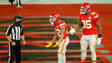 TAMPA, FLORIDA - FEBRUARY 07: Tyrann Mathieu #32 of the Kansas City Chiefs speaks with back judge Dino Paganelli #105 following a pass interference call during the second quarter against the Tampa Bay Buccaneers in Super Bowl LV at Raymond James Stadium on February 07, 2021 in Tampa, Florida. (Photo by Kevin C. Cox/Getty Images)