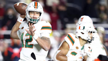 CHESTNUT HILL, MA - OCTOBER 26: Malik Rosier #12 of the Miami Hurricanes makes a pass against the Boston College Eagles at Alumni Stadium on October 26, 2018 in Chestnut Hill, Massachusetts. The Eagles defeat the Hurricanes 27-14.(Photo by Maddie Meyer/Getty Images)