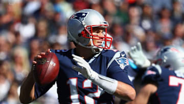FOXBORO, MA - OCTOBER 01: Tom Brady #12 of the New England Patriots looks to pass during the first half against the Carolina Panthers at Gillette Stadium on October 1, 2017 in Foxboro, Massachusetts. (Photo by Maddie Meyer/Getty Images)