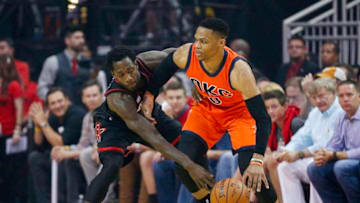 Patrick Beverley, Russell Westbrook, OKC Thunder (Photo by Bob Levey/Getty Images)