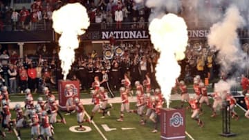 Jan 12, 2015; Arlington, TX, USA; Ohio State Buckeyes take the field for the game against the Oregon Ducks in the 2015 CFP National Championship at AT&T Stadium. Mandatory Credit: Jerome Miron-USA TODAY Sports