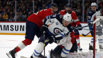 HELSINKI, FIN - NOVEMBER 1: Brendan Lemieux #48 of the Winnipeg Jets tangles with Alex Petrovic #6 of the Florida Panthers in the 2018 NHL Global Series at the Hartwall Arena on November 1, 2018 in Helsinki, Finland. (Photo by Eliot J. Schechter/NHLI via Getty Images)