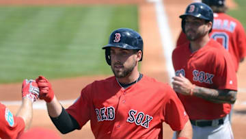 Mar 9, 2016; Bradenton, FL, USA; Boston Red Sox infielder Travis Shaw (47) celebrates with his teammates after hitting a two run home run in the first inning of the spring training game against the Pittsburgh Pirates at McKechnie Field. Mandatory Credit: Jonathan Dyer-USA TODAY Sports