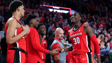 ATHENS, GA - FEBRUARY 19: Mike Peake #30 of the Georgia Bulldogs walks to the bench during a game against the Auburn Tigers at Stegeman Coliseum on February 19, 2020 in Athens, Georgia. (Photo by Carmen Mandato/Getty Images)
