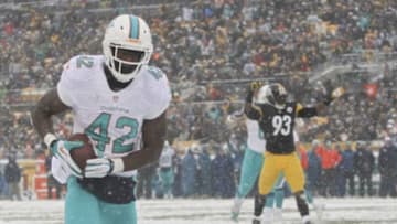 Dec 8, 2013; Pittsburgh, PA, USA; Miami Dolphins tight end Charles Clay (42) scores a touchdown as Pittsburgh Steelers linebacker Jason Worilds (93) stands in the background during the first half at Heinz Field. Mandatory Credit: Jason Bridge-USA TODAY Sports