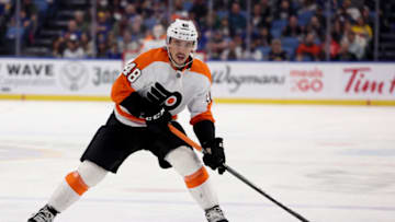 Apr 16, 2022; Buffalo, New York, USA; Philadelphia Flyers center Morgan Frost (48) looks to make a pass during the third period against the Buffalo Sabres at KeyBank Center. Mandatory Credit: Timothy T. Ludwig-USA TODAY Sports