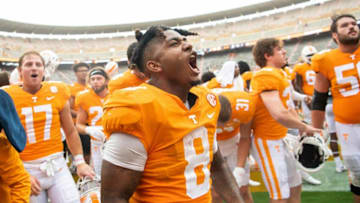 Tennessee running back Tiyon Evans (8) celebrates after a NCAA football game against Tennessee Tech at Neyland Stadium in Knoxville, Tenn. on Saturday, Sept. 18, 2021.Kns Tennessee Tenn Tech Football