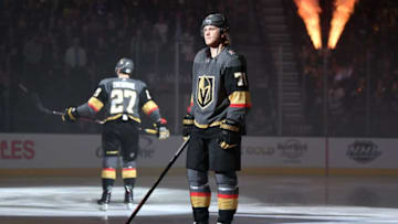 LAS VEGAS, NV - MARCH 03: William Karlsson #71 of the Vegas Golden Knights stands on the ice prior to a game against the Vancouver Canucks at T-Mobile Arena on March 3, 2019 in Las Vegas, Nevada. (Photo by Jeff Bottari/NHLI via Getty Images)