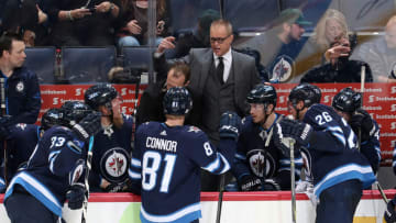 WINNIPEG, MB - FEBRUARY 9: Head Coach Paul Maurice of the Winnipeg Jets instructs his players at the bench during third period action against the St. Louis Blues at the Bell MTS Place on February 9, 2018 in Winnipeg, Manitoba, Canada. (Photo by Jonathan Kozub/NHLI via Getty Images)
