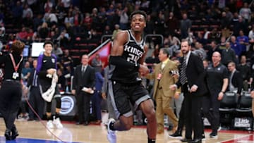 DETROIT, MI - JANUARY 19: Buddy Hield #24 of the Sacramento Kings celebrates after hitting the game winning shot to end the game against the Detroit Pistons at Little Caesars Arena on January 19, 2019 in Detroit, Michigan. Sacramento defeated Detroit 103-101. NOTE TO USER: User expressly acknowledges and agrees that, by downloading and or using this photograph, User is consenting to the terms and conditions of the Getty Images License Agreement (Photo by Leon Halip/Getty Images)